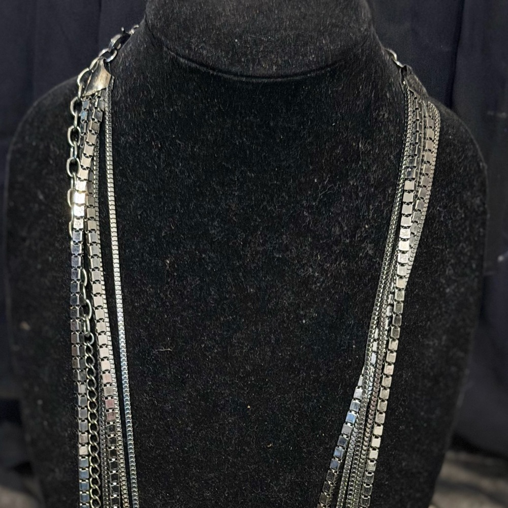 Chico’s Gunmetal Multi-Chain Statement Necklace Layered Fringe Tassel - Picture 3 of 8